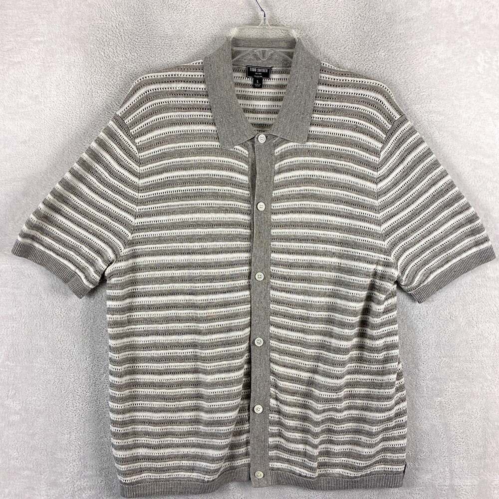 Todd Snyder Sweater Mens L Gray White Stripe Pointelle Linen Blend Preppy